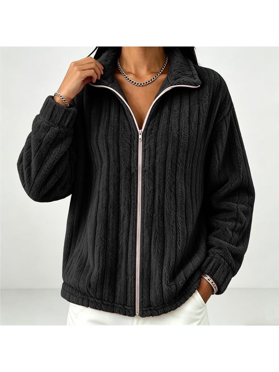 Fleece Jacket Women Cable Knit Chunky Cardigan Zip Up Cozy Winter Coat With Pockets