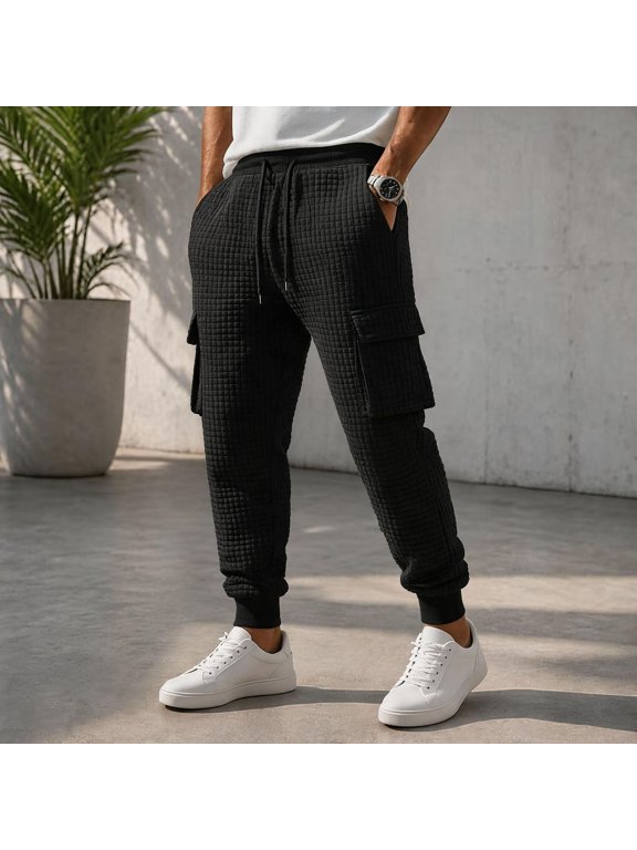 Grid Pattern Cargo Sweatpants For Men Elastic Cuffs Joggers With Side Pockets S-3XL