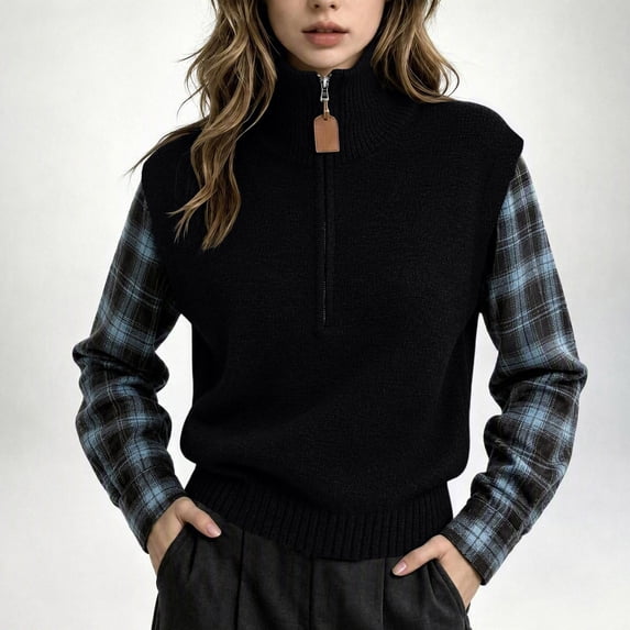 THNCYX Half Zip High Neck Long Sleeve Knit Tops For Women Colorblock Casual Winter Sweaters Soft Comfort Womens Sweaters Modern Look