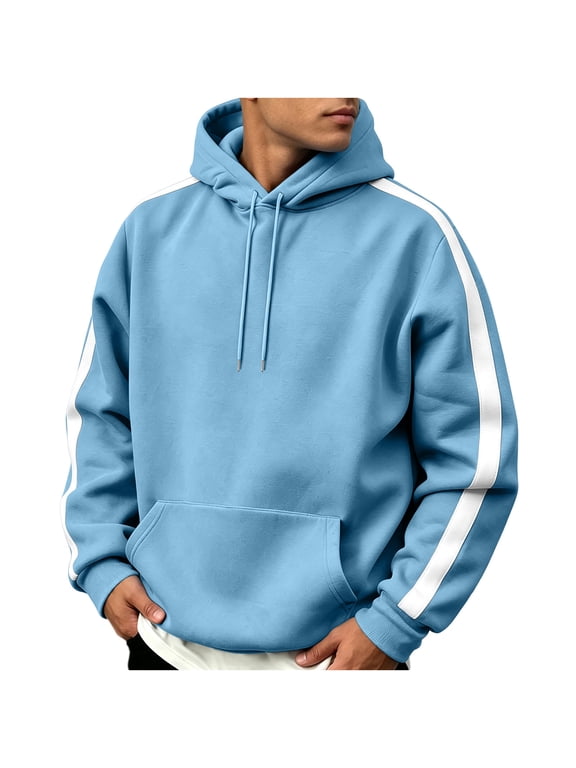 Men Hoodies Long Sleeve Retro Side Stripes With Kangaroo Pocket Drawstring Hood S-3XL