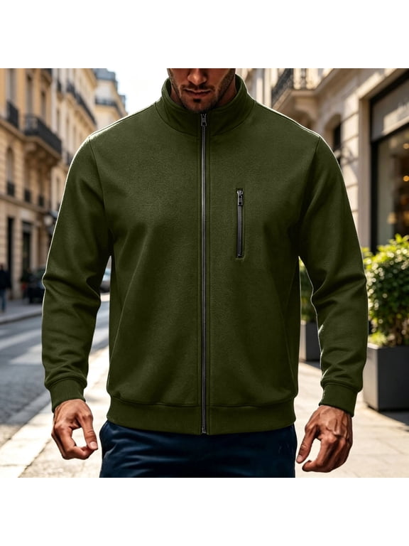 Men's Stand Collar Full Zip Jacket Chest Zip Pocket Long Sleeve Casual Outerwear S-2XL