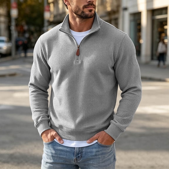 THNCYX Men's Waffle Knit Quarter Zip Pullover Sweater Long Sleeve Stand Collar Casual Sweatshirt S-3XL