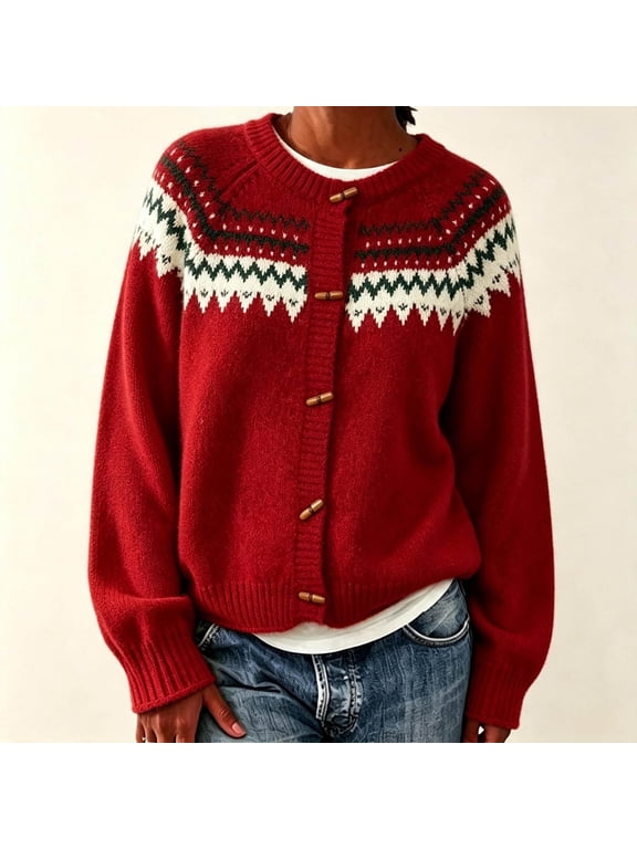 Nordic Pattern Toggle Cardigan For Women Long Sleeve Crew Neck Warm Knit Christmas SweatersS-3XL