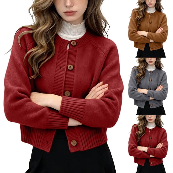 THNCYX Solid Womens Lightweight Cardigan Knit Long Sleeve Tops Crew Neck Raglan Sleeve Button Down Cropped Coat Fall Sweaters For Women