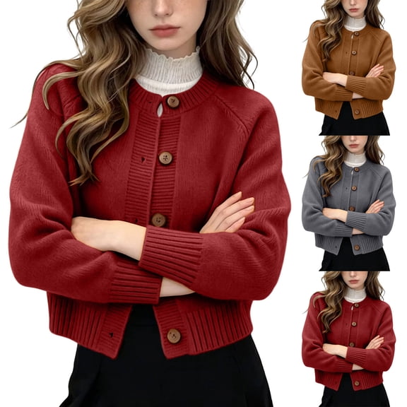 THNCYX Solid Womens Lightweight Cardigan Knit Long Sleeve Tops Crew Neck Raglan Sleeve Button Down Cropped Coat Fall Sweaters For Women