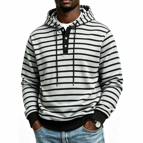 THNCYX Striped Three Buttons Hoodies For Men Loose Fit Top Casual Long Sleeve Pullover Tops Fall Men's Clothing S-3XL