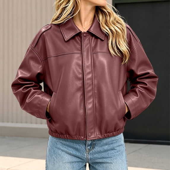 THNCYX Winter Jackets For Women Faux Leather Dual Pocket Zip Soft ...
