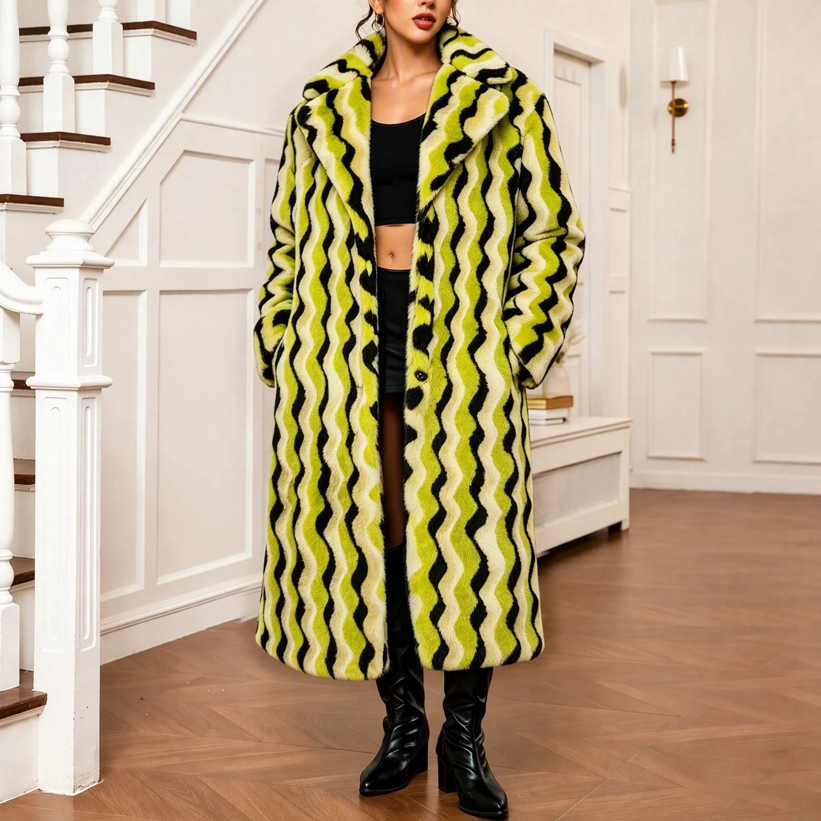 THNCYX Women Tops Wavy Stripe Faux Fur Long Lapel Coat Warm Elegant ...
