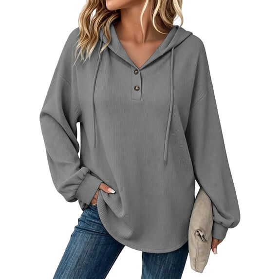 THNCYX Women Waffle Knit Hooded Henley Shirts Drawstring Hoodies Long Sleeve Tops Loose Fit Casual Sweatshirt Fall Clothes