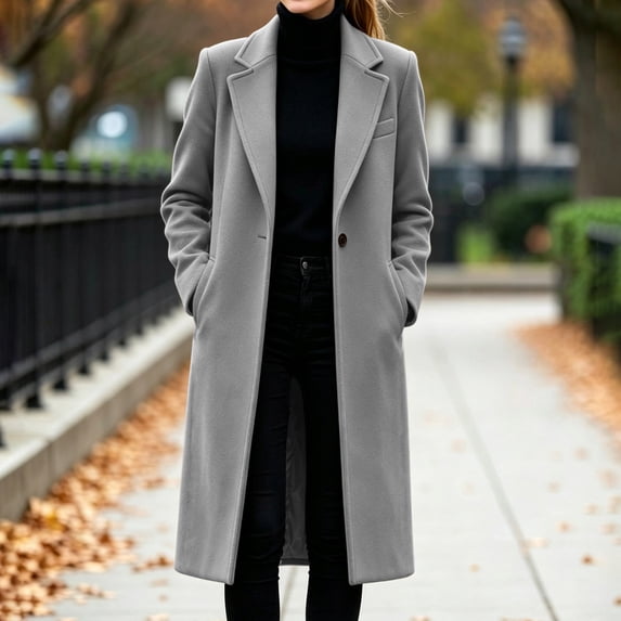 THNCYX Women's Long Winter Coat Single Breasted Peak Lapel Trench Coats S-2XL