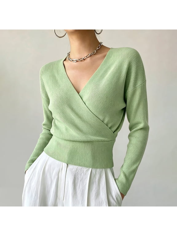 Wrap V Neck Knit Top For Women Slim Fit Layering Top Fall Winter Elegant Texture Cropped Sweater S-2XL