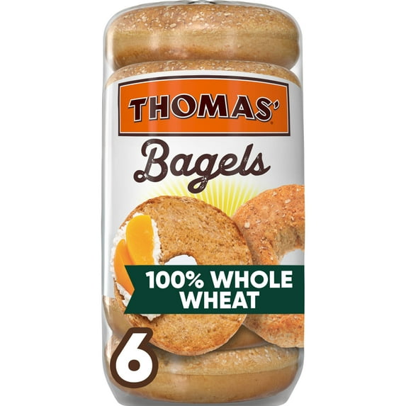 Thomas' 100% Whole Wheat Bagels, 6 count, 55g Whole Grains, Kosher Whole Wheat Bagels, 18 oz Bag