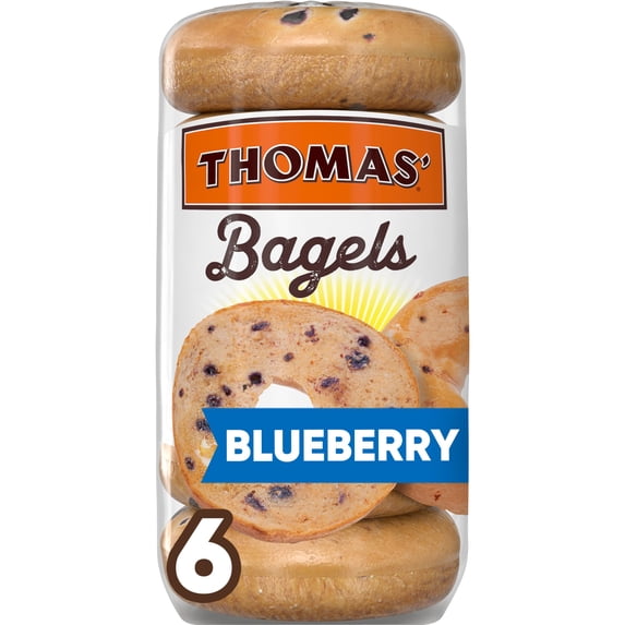 Thomas' Blueberry Bagels, 6 count, 8g Protein, Kosher Fruit Bagels, 18 oz Bag