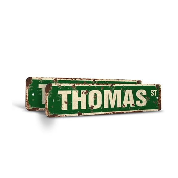 THOMAS Vintage Style Rustic Street Sign – (2 Pack) Childrens Name Room Sign Retro Decorative Wall Sign for Home, Bar, Garage, or Outdoor Use | 6" X 24" Plastic Road Sign