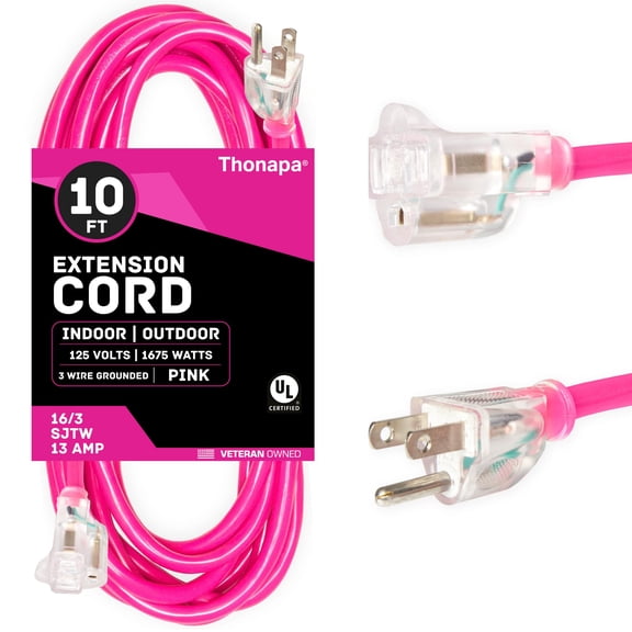 THONAPA 10 Ft Outdoor Extension Cord with 3 Prong, 16/3 SJTW Neon Pink Extension Cord 10ft, 13 AMP for Indoor or Outdoor Use, Small Appliances, Gardens, Lawn, Lights Decor - UL Listed