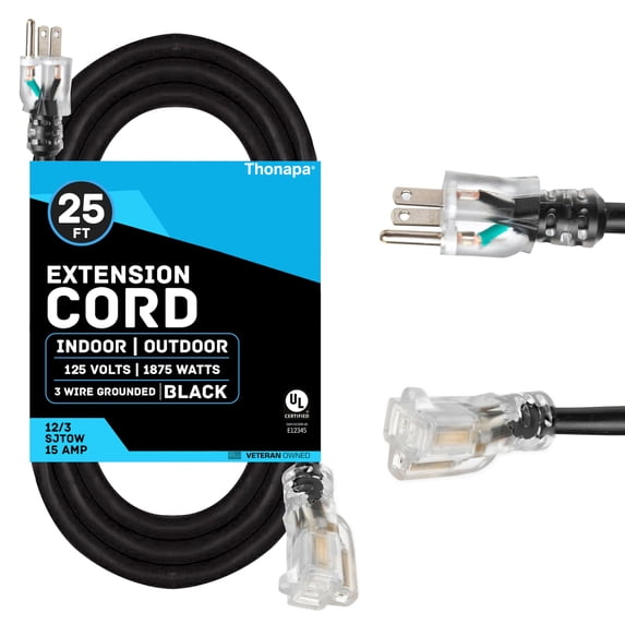 THONAPA 12 Gauge Extension Cord 25 Ft, SJTOW Oil Resistant & Flame Retardant Heavy Duty Extension Cord Black 3 Prong 25ft, 12/3 Black Outdoor Electric Cable Great for Major Appliance, Farm & Ranch