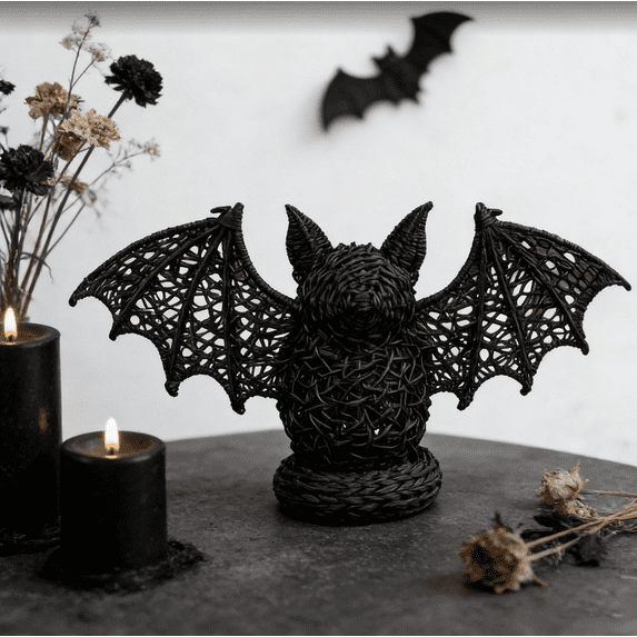 THOPBPRK 10.24 Inch Halloween Woven Bat Figurine Decorations, Boho Style Seagrass Bat Ornament, Living Room Courtyard Halloween Decor, Balck I