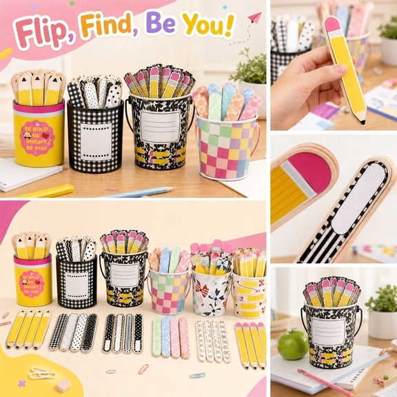THOPBPRK 121 Pcs Personalized Pencil Shape Name Sticks with Storage Cup, Colorful Classroom Learning Tools for Students, Creative Back to Supplies and Desk Decor Gifts, 1Pack A