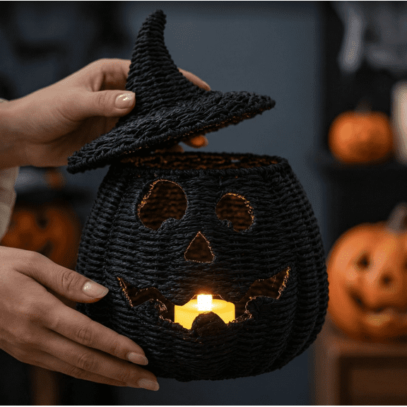 THOPBPRK 2026 Halloween Pumpkin Jack-O'-Lantern with Detachable Witch Hat Lid, Black Seaweed and Pumpkin Decorations Festive Fall Tabletop for Party Display and Holiday Shelf Decorating, 11" B