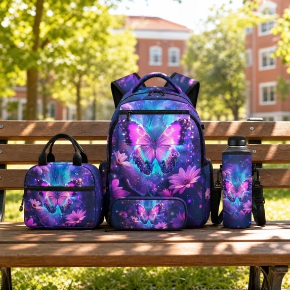 THOPBPRK 4-Piece Printed Backpack Set for and Teens - Student Bookbag with Matching Lunch Bag, Pencil Case and Pouch, All-Over Print Travel Bag, 1Pack Purple