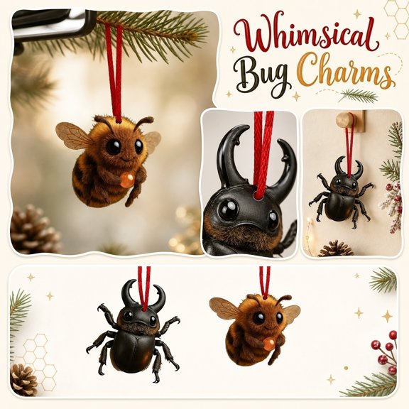 THOPBPRK Beetle And Bee Themed Hanging Ornament, Flat Profile Decorative Charm For Christmas Tree Decoration, Car Rearview Mirror Accessory, Window Sun Catcher, And Wall Accentsssssssss, 1Pack B