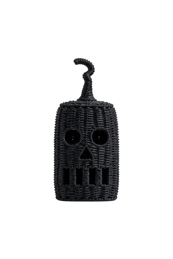 Black Wicker Jack-O-Lantern Pumpkin Decor 11.8In, Woven Rattan Halloween Pumpkin , Cutout-Face Tabletop Decor for Entryway Fireplace Mantel Table