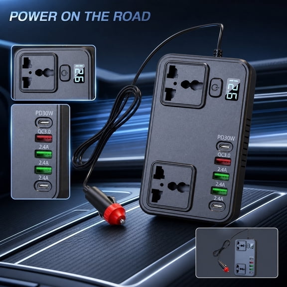 THOPBPRK Car Power Inverter Vehicle Converter Adapter Multi Charger Auto Socket Plug Splitter USB Ports Auto Adapter For Smart Phone Tablet Laptop Road Trip Travel , 1Pack Black