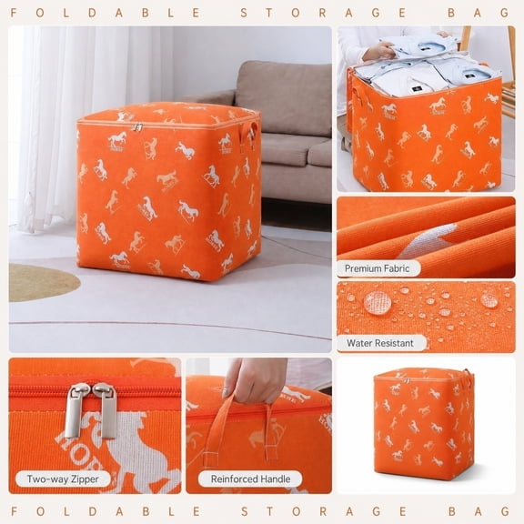 THOPBPRK Collapsible Storage Bag Closet Organizer Container with Reinforced Handles for Seasonal Clothes Blankets Comforters Bedroom Wardrobe Space Saving Home Organization Tote , Orange