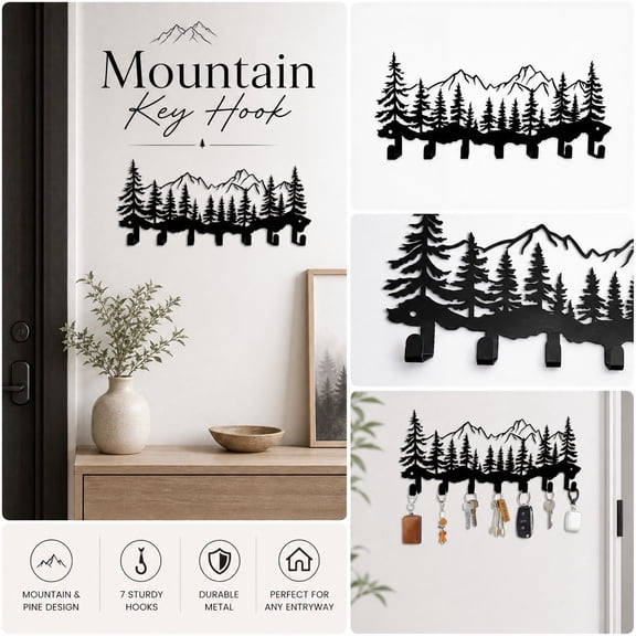 THOPBPRK Decorative Wall Mount Coat Rack Key Holder Towel Hanger Mountain and Tree Silhouette Design Multipurpose Hooks Home Organization Rack for Entryway Bedroom Bathroom Hallway , Black