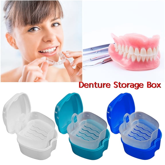 THOPBPRK Denture Bath Box with Hanging Net Container, Portable False Teeth Storage Case, Hygienic Retainer Cleaning Cup for Travel and Daily Home Oral Care, 1Pack Dark Blue