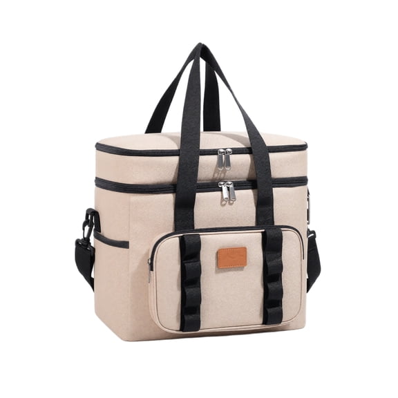 THOPBPRK Double Layer Insulated Picnic Bag Crossbody Thermal Lunch Bag Portable Cooler Tote With Shoulder Strap For Outdoor Travel Camping Work Beach Trips Food Carrier , Khaki