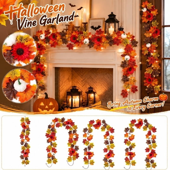 THOPBPRK Fall Garland for Halloween Decorations, 5.7 FT Artificial Maple Leaf Vine, 1 Piece Autumn Hanging Foliage for Indoor Outdoor Home Mantle Fireplace Thanksgiving Decor, 1PackD