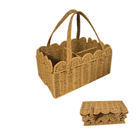 THOPBPRK Foldable Hand Woven Paper Storage Basket with Scalloped Rim and Handles Decorative Shelf Organizer Bin for Closet and Easter Gifts Basket Filler, B