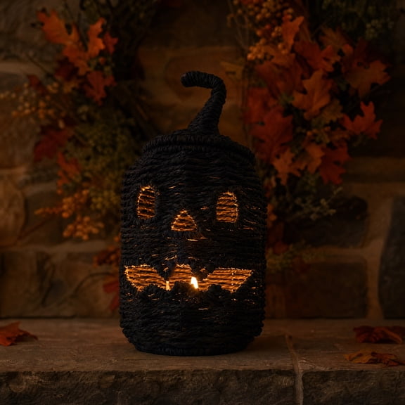 THOPBPRK Halloween 12.2 in Seagrass Pumpkin Figurine, Woven Pumpkin Halloween Storage Basket with Lid, Black Rope Straw Jack-o'-Lantern Lantern & Decorative Bucket for Home Fall Decor