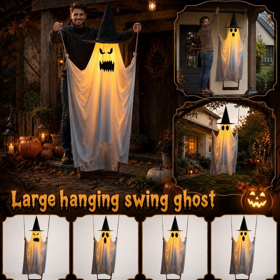 THOPBPRK Halloween Decorations Large Swinging Ghost, Light Up Hanging Ghost Prop with Eerie Glow, Battery Operated Spooky Decor for Outdoor Porch, Tree, or Indoor Use, 1PackB