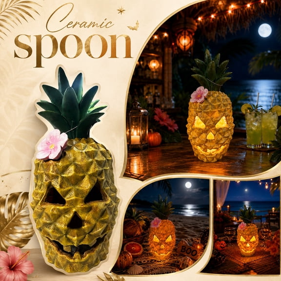 THOPBPRK Halloween Decorations, Lighted Spooky Pineapple with LED Lights, Jack-O-Lantern for Indoor Party, Unique Coastal Halloween Horror Decor for Home, B