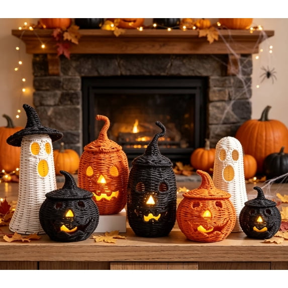 THOPBPRK Halloween Seagrass & Metal Pumpkin Basket - 10.2" Handmade Woven Jack O' Lantern Halloween Centerpiece & Fall Porch Decor