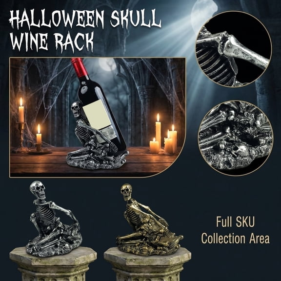 THOPBPRK Halloween Skull Wine Rack Single Bottle Holder, 7.5" Resin Skeleton Wine Stand for Countertop Bar, Table Centerpiece and Party Home Decor, 1Pack
