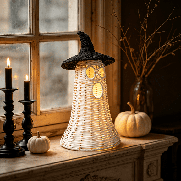 THOPBPRK Halloween Woven Ghost with Witch Hat Ornaments, 13.7Inch White A
