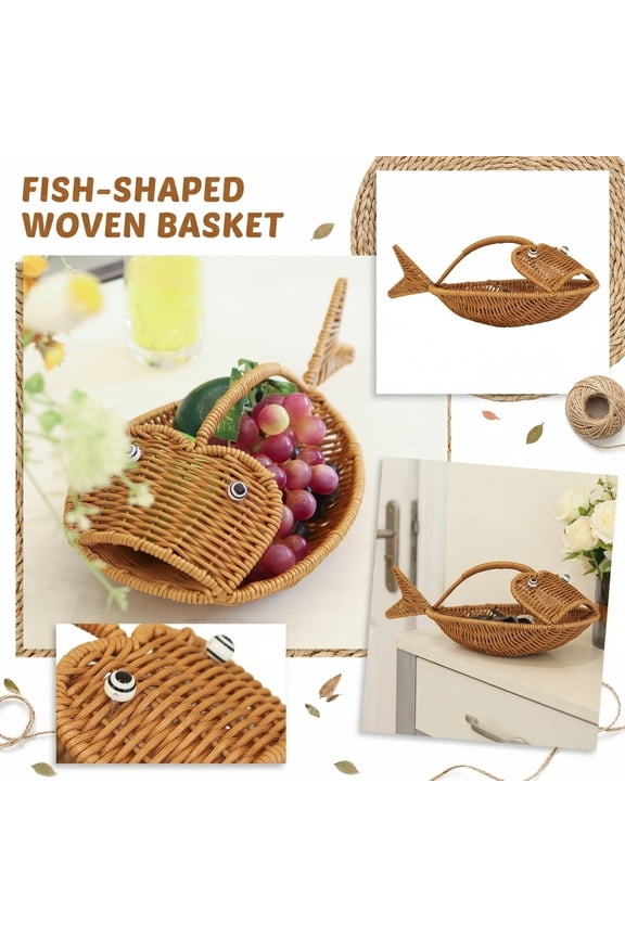 Handmade Fish Shaped Rattan Storage Basket, Decorative Animal Wicker Bin for Desktop Organization, Cute Key Bowl for Entryway Table, Unique Holiday Home Decor, A