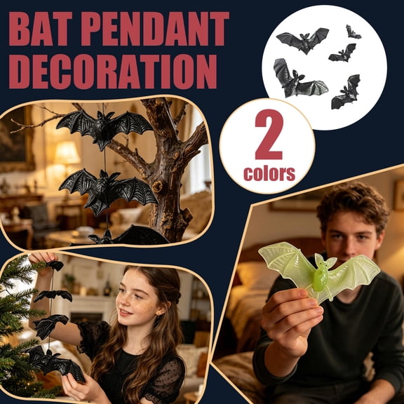 THOPBPRK Hanging Bat Decoration Glow In The Dark Bat String Creepy Flying Bats Pendant Halloween Prank Props Festive Party Wall Window Decor Haunted House Outdoor Tree Supplies , 1Pack Black