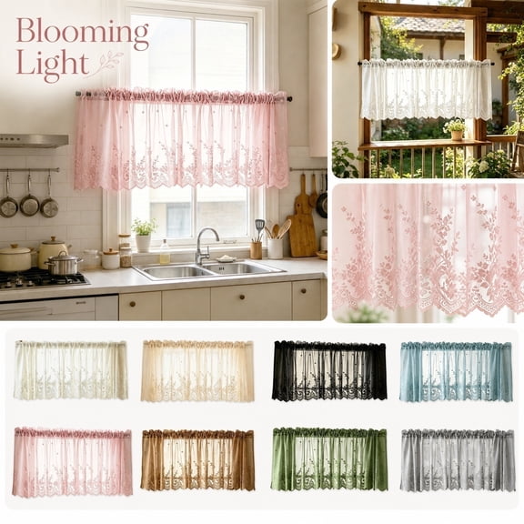 THOPBPRK Lace Kitchen Cafe Curtains Fresh Short Sheer Window Valance Rod Pocket Voile Drape For Dining Room Bistro Bathroom Half Window Light Filtering Privacy Panel , 1Pack Beige