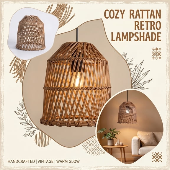 THOPBPRK Retro Handcrafted Woven Pendant Lamp Shade Decorative Chandelier Cover for Ceiling Lights Bohemian Style Hanging Light Guard for Living Room Bedroom Hallway Restaurant Decor, 9x8.3"