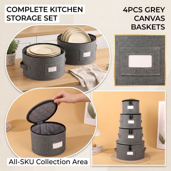THOPBPRK Round Kitchen Storage Baskets Set of 4, Stackable Dishware Organizer for Plates and Bowls, Countertop Cylinder Rack for Home Decor and Holiday Gifting