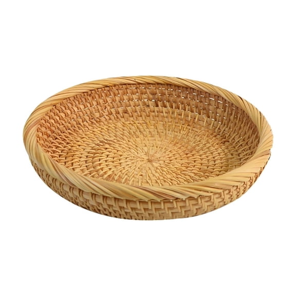 THOPBPRK Round Wicker Tray Fruit Basket, Hand-Woven Rattan Candy Storage Tray, 7.3x1.2 Inch Small Bread Bowl, Easter Decorations and Valentines Day Table Centerpiece, B