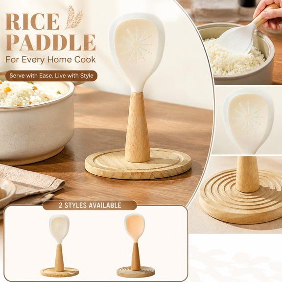 THOPBPRK Self-Standing Rice Spoon with Plastic and Wooden Handle, Non-Stick Rice Paddle for Rice Cooker, Kitchen Gadget for Easy Serving and Countertop Organization, A