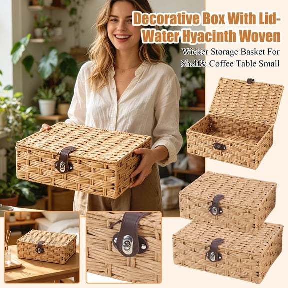 THOPBPRK Small Paper Rope Woven Storage Basket with Lid, Decorative Wicker Organizer Box for Shelf and Coffee Table, Cute Valentine's Day Decorations and Easter Gifts, A