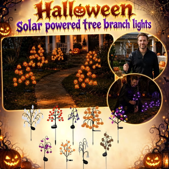 THOPBPRK Solar Halloween Decorations Outdoor Lights, 20 LED Spooky Pumpkin Tree Branch Garden Stakes, Jack-O-Lantern Lights for Yard, Patio, Walkway, 1PackC