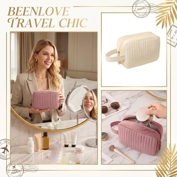 THOPBPRK Spacious Travel Makeup Bag Portable Cosmetic Organizer Pouch for Toiletry Handheld Vanity Storage Case for Women Travel Accessories and Daily Use, 1pc Beige