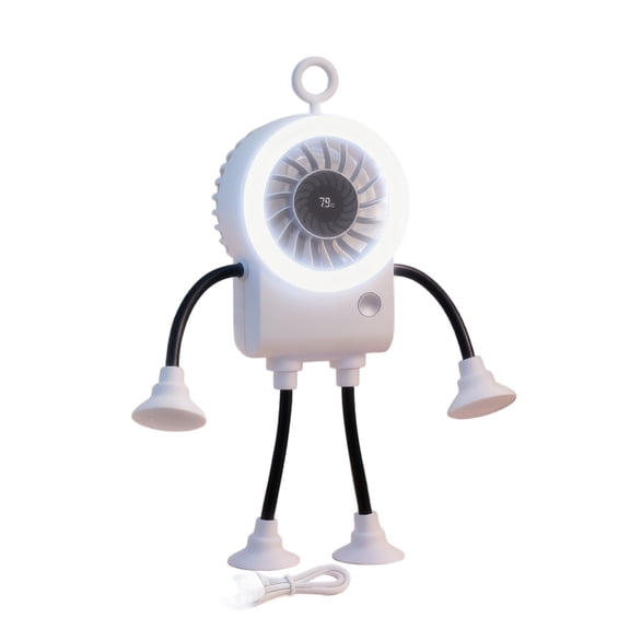 THOPBPRK Tech Robot Mini Handheld Fan with LED Light Portable Folding Fan Suction Cup Digital Display Battery Operated Small Desk Fan, White